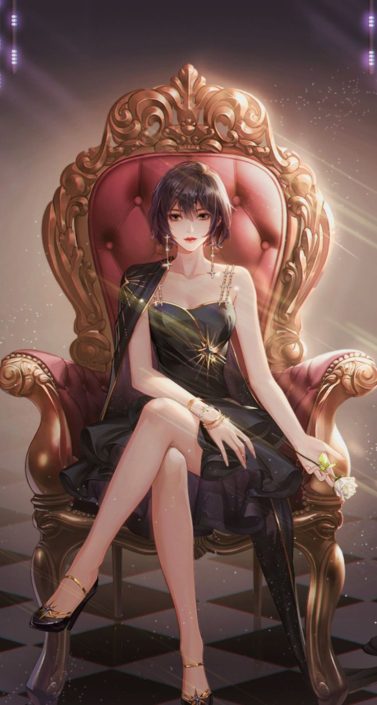 A woman sitting on top of a chair in a black dress.